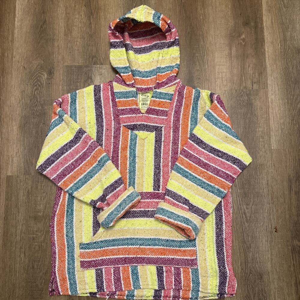 BOJO Baja Hoodie Black Blue Size L Franks Drug Rug Mexican Hippie Pullover